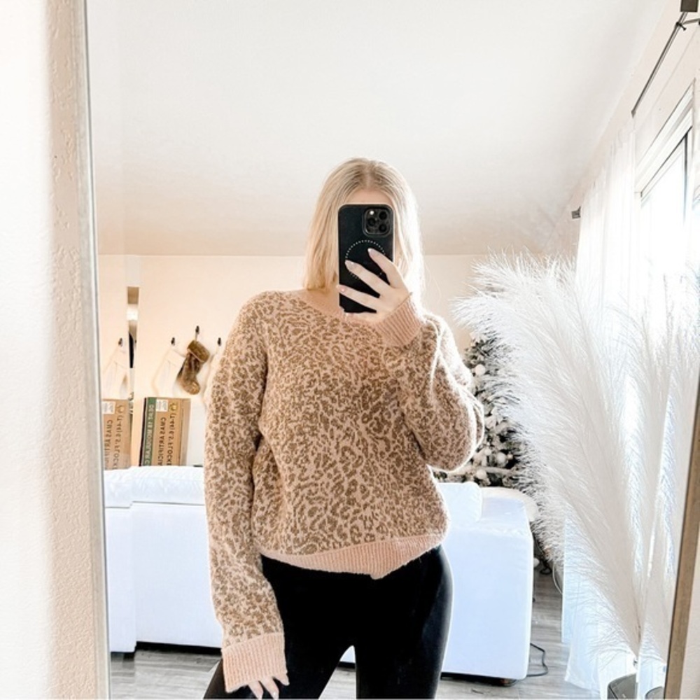 Madewell Shrunken Pullover Sweater in Leopard Pink Tan Merino Wool Blend Size M